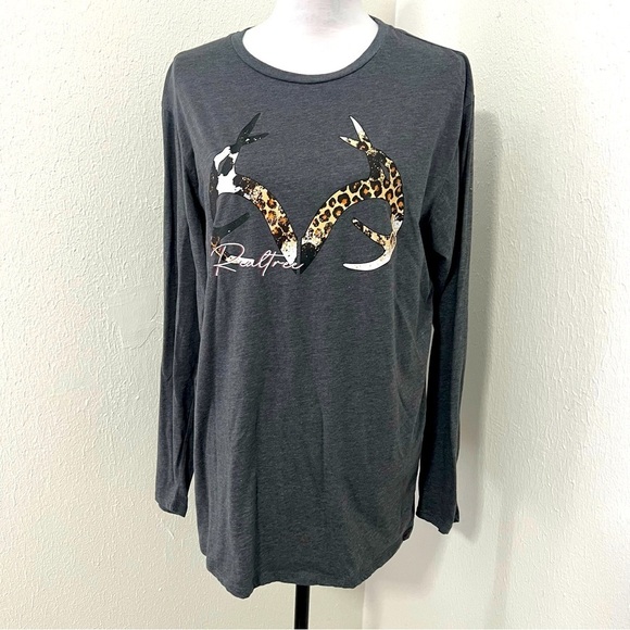 Realtree Women’s Long Sleeve Large "Leopard Antler Logo" Graphite Heather EUC - Picture 1 of 5